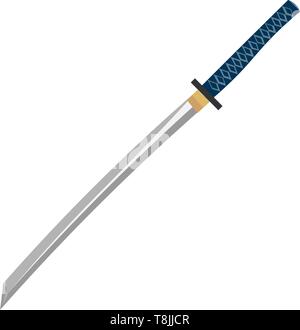 A long gray katana with blue handle, vector, color drawing or illustration. Stock Vector