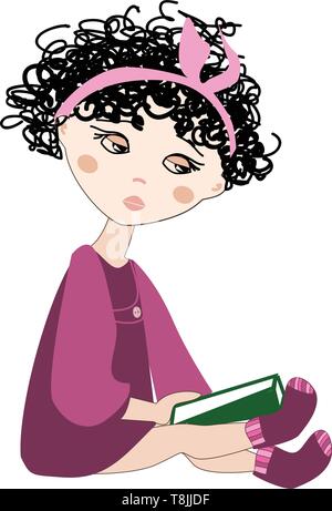 A white girl with curly hair wearing a magenta dress reading a green book, vector, color drawing or illustration. Stock Vector