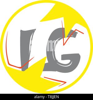An abstract representation of the LG logo in gray encased in yellow electricity, vector, color drawing or illustration. Stock Vector