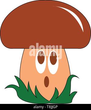A surprised brown mushroom sitting on grass, vector, color drawing or illustration. Stock Vector