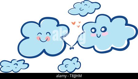 A group of clouds and two clouds falling in love, vector, color drawing or illustration. Stock Vector
