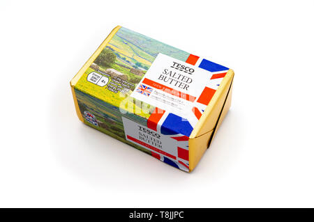 Pack of Tesco own brand salted butter Stock Photo