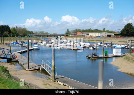 Littlehampton, West Sussex, UK. View of Littlehampton Marina looking towards the A259 bridge across the River Arun Stock Photo