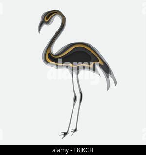 3d paper art illustration. Tropical bird of a flamingo in style paper art. Gold and grey halftone gradients. Design layout for banners presentations Stock Vector