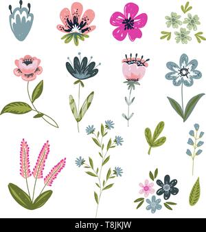 Vector set of isolated floral elements with hand drawn flowers. Botany set of doodle elements. Stock Vector