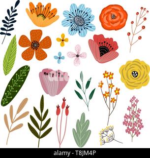 Vector set of isolated floral elements with hand drawn flowers on a white background Stock Vector