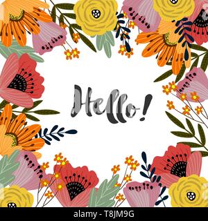 Postcard template with cute hand drawing bright bouquet of flowers, vector Stock Vector