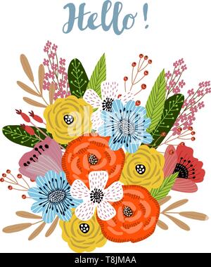 Vertical postcard template with cute hand drawing bright bouquet of flowers on a white background, vector Stock Vector