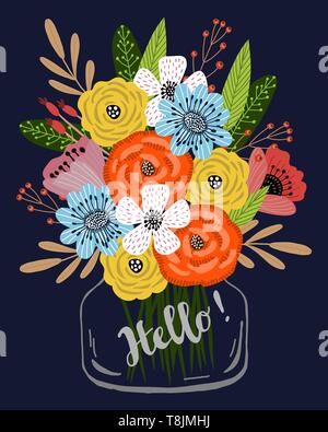 Vertical postcard template with cute hand drawing bright bouquet of flowers in a glass jar on a dark blue background, vector Stock Vector