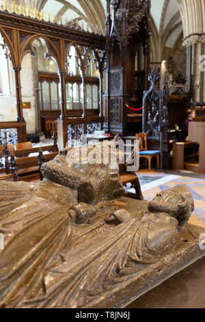 Tomb of King John of England, died 1216, Worcester Cathedral interior, Worcester, Worcestershire England UK