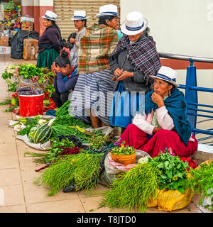 Indigenous ecuadorian sales women in traditional clothing and Panama hats selling vegetables inside the indoor local market of Cuenca city, Ecuador. Stock Photo