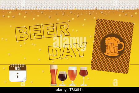 Post card Beer Day. April holiday with a drink in the glasses and playing card. Stock Vector