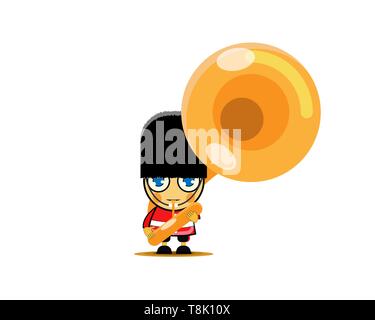 Soldier in red uniform playing french horn, member of army military band with musical instrument. Vector Illustration Stock Vector