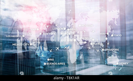 Global Aviation Abstract Background with planes and city names on a map. Business Travel Transportation concept. Stock Photo