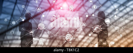 Technology industrial business process workflow organisation structure on virtual screen. IOT smart industry concept mixed media diagram Stock Photo