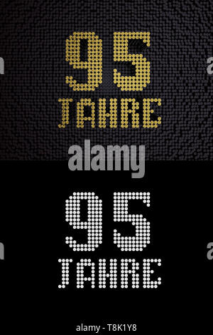 German golden number ninety-five years (number 95 years) dotted font, top view, with dark zero and one background. With alpha channel. 3D illustration Stock Photo