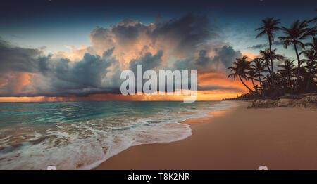 Landscape of paradise tropical island beach, sunrise shot. Stock Photo