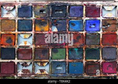 Used set of watercolor paints in paintbox, close-up Stock Photo