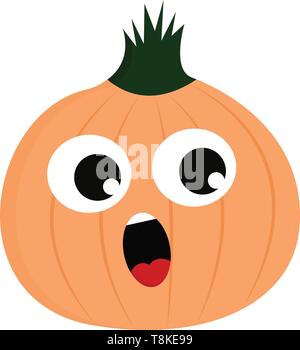 Emoji of a brown onion topped with the green foliar stem has two eyes rolled to the left and tongue stuck out while looking surprisingly, vector, colo Stock Vector
