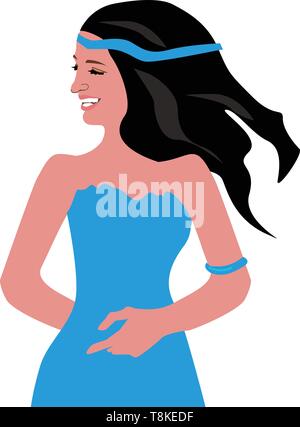 A beautiful woman in a blue sleeveless dress and matching hand ring and headband smiles while turning to her left and talking, vector, color drawing o Stock Vector