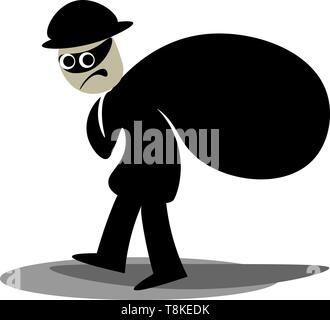 Clipart of a thief in a black costume, hat, and eye mask has a smirk expression on his face while carrying a black sack of stolen items and sneaks thr Stock Vector