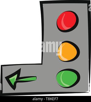 Painting of the vertical traffic signal board with three separate light bulbs in red, yellow and green and a left green arrow, vector, color drawing o Stock Vector