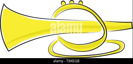 A yellow trumpet has a cylindrical tube, shaped in a primary oblong loop that expands into a bell, played by blowing air by nearly-closed lips, vector Stock Vector
