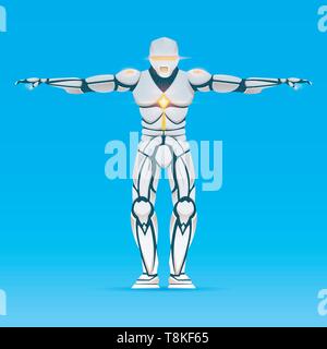 Stylish Cyborg man. Humanoid Robot with artificial intelligence, AI. character shows gestures. Android male, futuristic vector illustration in cartoon Stock Vector