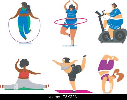 Set of Cute Plus Size Curved Women Doing Fitness Exercise. Fat