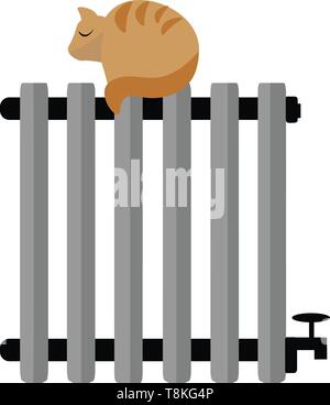 It is an image of a cat sitting on a heating radiator, vector, color drawing or illustration. Stock Vector