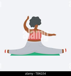 Girl Plus Size. twine in the gym. Yoga mat for fitness. Health sport in club. Fat Woman doing exercises, weight loss, stretching, warming up. Cute Stock Vector