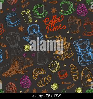 Seamless pattern with coffee elements on black background. Vector illustration for your design Stock Vector