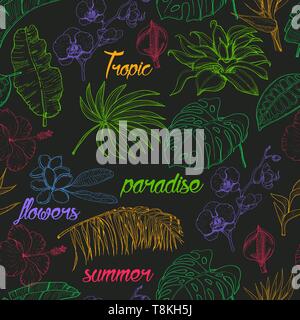 Seamless pattern with tropical plants and flowers on dark background. Vector illustration for your design Stock Vector