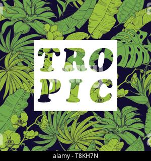 Vector background with tropical plants and flowers on dark background. Vector illustration for your design Stock Vector