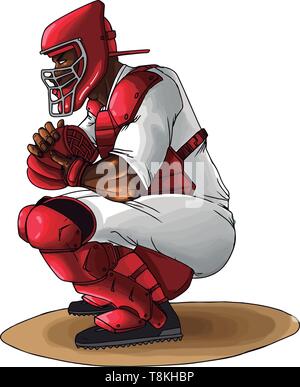 Baseball catcher ready to catch the ball, illustration, vector on white background. Stock Vector