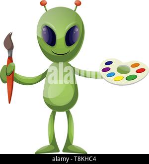 Alien with paintbrush, illustration, vector on white background. Stock Vector