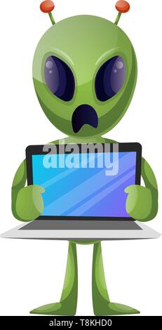Alien with laptop, illustration, vector on white background. Stock Vector