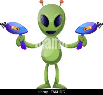 Alien with guns, illustration, vector on white background. Stock Vector