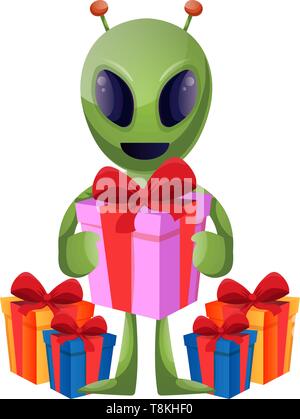 Alien with present, illustration, vector on white background. Stock Vector