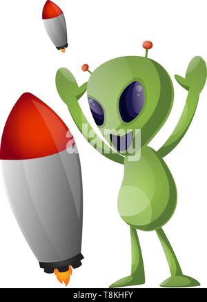 Alien with rocket, illustration, vector on white background. Stock Vector