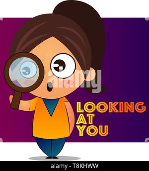 Girl with brown ponytail is looking at you through a magnifying glass, illustration, vector on white background. Stock Vector
