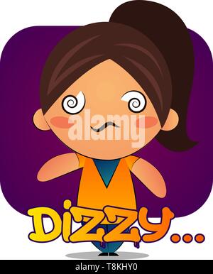 Girl with brown ponytail is dizzy, illustration, vector on white background. Stock Vector