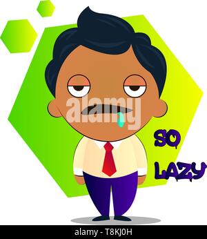 Lazy boy in a suit with curly black hair, illustration, vector on white background. Stock Vector