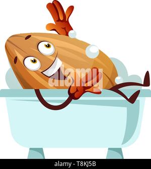 Almond laying in a blue bathtub, illustration, vector on white background. Stock Vector