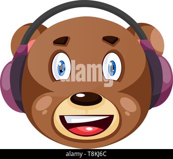 Bear with purple headphones on, illustration, vector on white background. Stock Vector