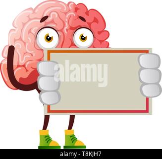Brain is holding a piece of paper, illustration, vector on white background. Stock Vector