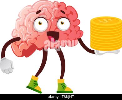 Brain holding coins in hand, illustration, vector on white background. Stock Vector