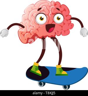 Brain riding a skateboard, illustration, vector on white background. Stock Vector