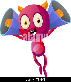 Devil with megaphones, illustration, vector on white background. Stock Vector