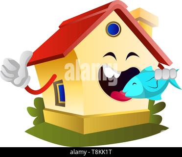 House is eating fish, illustration, vector on white background. Stock Vector
